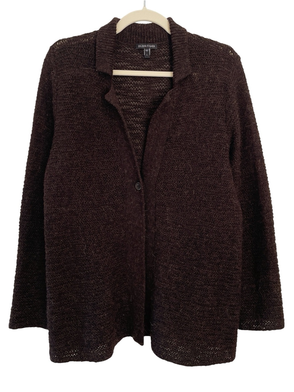 Eileen Fisher 100% Baby Alpaca Wool Knit Cardigan Sweater Womens Large Chocolate - Picture 2 of 11